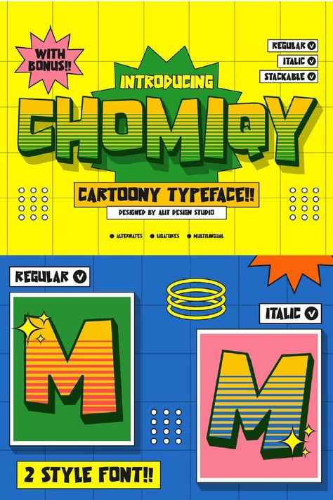 The CHOMIQY Typeface is perfect for magazine cover designs, brochures, flyers. Instagram ads, Canva Design and so on with comic, non-serious, pop art, game mobile and fun design. Besides that this font is very easy to use both in design and non-design programs because everything changes and glyphs are supported by Unicode (PUA). Comic Typography Pop Art, Comic Ads Design, Poster Design Procreate, Cartoon Layout Design, Comic Magazine Layout, Fun Banner Design, 70s Ad Design, Comic Book Graphic Design, Pop Art Logo Design