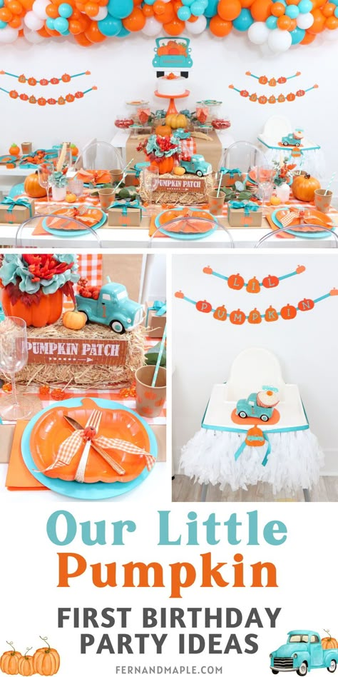 With a bright and cheerful orange and turquoise color scheme and charming rustic decor, this fall first birthday party theme will delight your Little Pumpkin and their guests. Get all of the details and party inspiration now at www.fernandmaple.com! Fall First Birthday Party, Little Pumpkin First Birthday, Pumpkin Birthday Party, Fall First Birthday, Turquoise Color Scheme, Sprinkle Ideas, Pumpkin Patch Party, Bday Decor, Pumpkin Birthday Parties