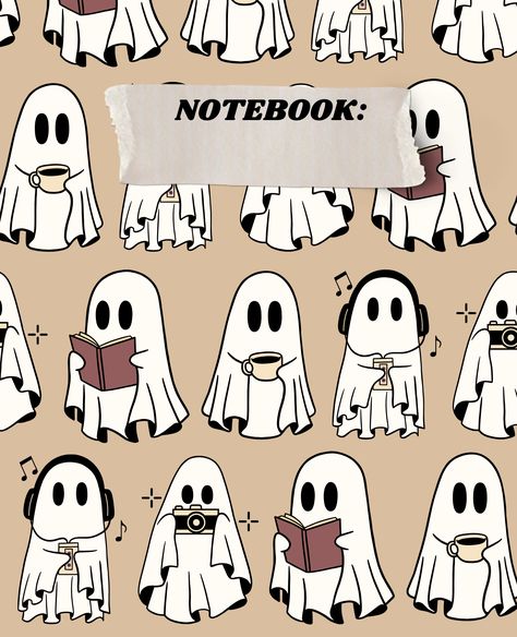 Ghost Listening To Music, Studying Notes, Fall Notebook, Ghost Reading Book, Halloween Notebook, Therapy Notes, Ghost Reading, Halloween Wallpaper Cute, Pink Book