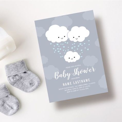 Cloud Baby Shower Theme, Baby Boy Invitations, Vertical Business Card, Couples Baby Shower Invitations, Couples Baby Showers, Shower Collection, Boy Baby Shower Themes, Blue Hearts, Baby Shower Invitations For Boys