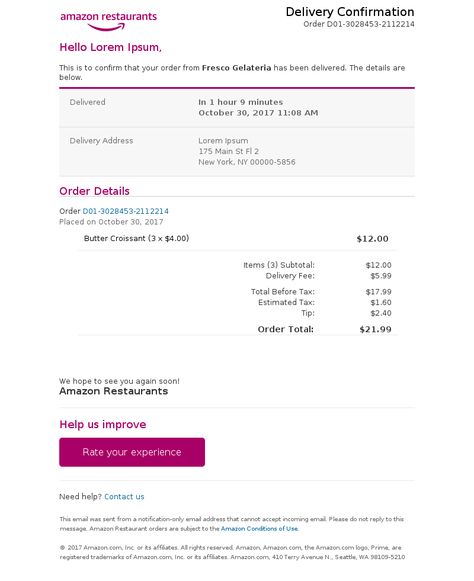 Delivery confirmation Email Example - Amazon Restaurants - We delivered your order in 1 hour 9 minutes. - #DeliveryConfirmationEmails #EmailDesign - View 100s of delivery confirmation email templates and examples with MailCharts! Confirmation Email Template, Restaurant Order, Campaign Planning, Email Campaign, Email Templates, Email Design, Restaurant