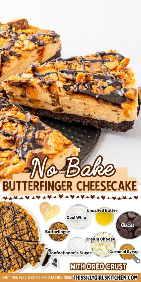 Butterfinger Cheesecake, Birthday Cake Decorating Ideas, Oreo Crust, Cake Decorating Ideas, Cheesecake Desserts, Favorite Dessert, Scrumptious Desserts, Baked Dessert Recipes, Cheesecake Recipe