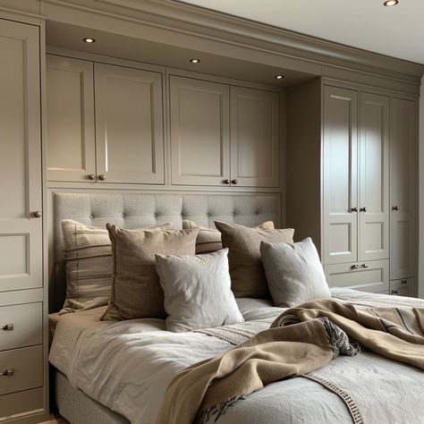 Fitted Wardrobes With Bed In The Middle | Over bed storage Bedroom Closet Around Bed, Built In Bed With Closet, Pax Wardrobe Next To Bed, Fitted Wardrobe Ideas Master Bedrooms, Built In Bedside Tables Master Bedrooms, Bedroom Inspirations Fitted Wardrobes, Bedroom Bed With Wardrobe, Bed Wall Storage Ideas, King Bed In Closet