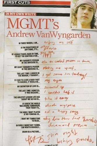 Andrew Vanwyngarden, Definition Of Love, Least Favorite, Mgmt, Three Words, Look In The Mirror, The Last Time, Dear Diary, Favorite Person