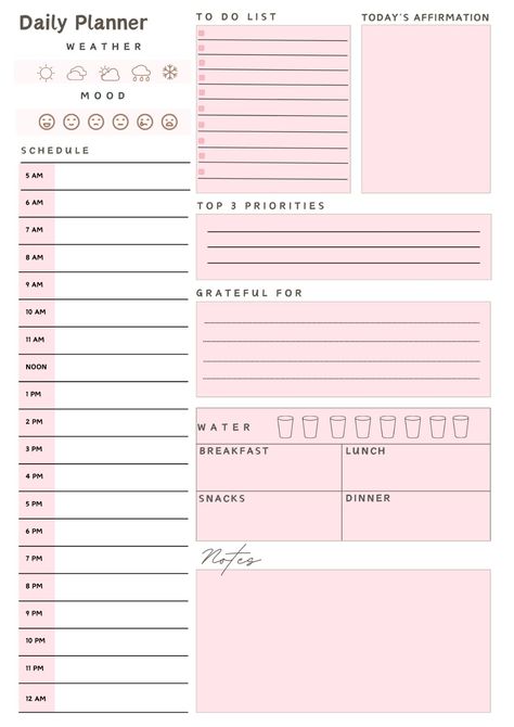 the daily planner is shown in pink Planner February, Daily Planner Ideas, Pink Daily Planner, Planner Monthly Layout, Cute Daily Planner, Printing Idea, Free Planner Templates, Daily Planner Printables Free, Weekly Planner Free Printable