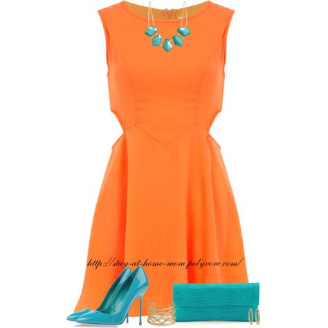 "Orange Dress, Turquoise Accessories." by stay-at-home-mom on Polyvore #PANDORAsummercontest Pretty & colorful! Orange Dress Outfits, Turquoise Accessories, Summer Dress Outfits, Orange Dress, Office Outfits, Spring Summer Outfits, Look Fashion, Fashion Beauty, Fashion Dresses