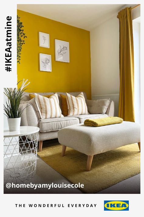 Mustard And Gray Living Room, Sofa In Small Living Room, Living Room Yellow Sofa, Yellow Sofa Living Room Ideas, Yellow Sofa Living Room, Ikea Cushions, Modern Living Room Scandinavian, Mustard Sofa, Yellow Walls Living Room