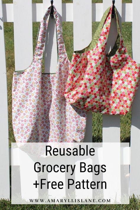 In addition to reusable grocery bags being far more durable, all those plastic grocery bags just end up as trash that no one wants to see. Grocery Bag Sewing Pattern Free, Reusable Grocery Bags Pattern, Grocery Bag Pattern, Shopping Bag Pattern, Tote Bag Pattern Free, Bags Sewing, Bags Pattern, Plastic Grocery Bags, Bag Pattern Free