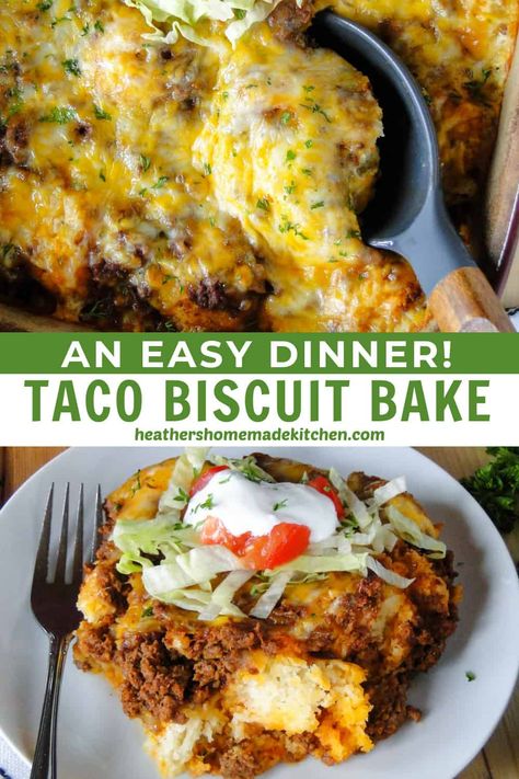 This Taco Biscuit Bake is a hearty and comforting casserole that takes taco night to the next level! Simple drop biscuits are smothered with saucy taco meat and then topped with loads of cheese. This family friendly meal is going to be a new family favorite! Leftover Taco Meat Recipes, Baking With Yogurt, Beef Taco Casserole, Leftover Taco Meat, Baked Tacos Recipe, Hotdish Recipes, Biscuits Casserole, Taco Meat Recipes, Ground Beef Tacos