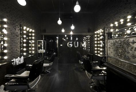 Barber Bus, Masculine Glam, Salon Concepts, Hair Salon Interior, Barbershop Design, Barber Shop Decor, Vintage Barber, Hair Salon Decor, Black Brick