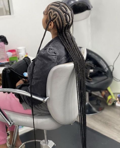 8 Cornrows Braids Designs, Braids To The Back With Heart, Feed In Braids With Designs And Curls, Feedins Braids With Designs, Cornrow Hairstyles With Designs, Straight Back Braid Designs, Long All Back Cornrows, Feedin Straight Back Braids, Designer Feed In Braids