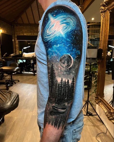 Galaxy Tattoo by Jastein Abellana, an artist working at Noire Ink London. Galaxy Tattoo first appeared on Best Tattoo Ideas For Men & Women. https://tattoo-ideas.com/galaxy-arm/ #tattooideafridays #tattoos #ink #tattooideas Tattoo Ideas Tumblr, Galaxy Tattoo Sleeve, Inside Of Arm Tattoo, Small Wave Tattoo, Sky Tattoos, Men Tattoos, Omerta Tattoo, Galaxy Tattoo, Nature Tattoo