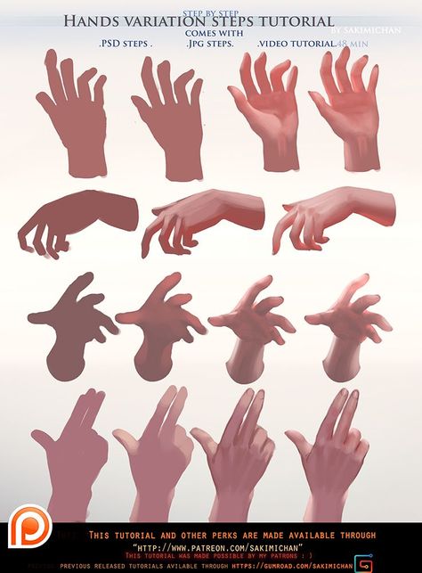 Painted Hands variation steps tutorial pack(term 47) | Sakimi Chan on Patreon Hand Painting Tutorial, Painted Hands, Digital Art Programs, Face Anatomy, Hand Gestures, Digital Painting Techniques, Anatomy Tutorial, Hand Drawing Reference, Coloring Tutorial