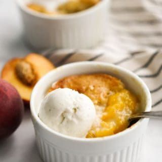 Individual Mini Peach Cobbler - Joyous Apron Individual Peach Cobbler Easy, Mini Cobbler Recipes, Single Deserts, Peach Cobbler For One, Peach Cobbler Mini, Individual Peach Cobbler, Peach Cobbler Bars, Mini Peach Cobbler, Ramekin Dessert