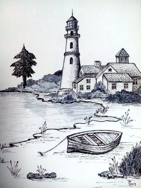 Sketches Nature, Easy Pencil Drawings, Lighthouse Drawing, Drawing Sites, Landscape Pencil Drawings, Drawing Hands, Drawing Hair, Cool Pencil Drawings, Sea Coast