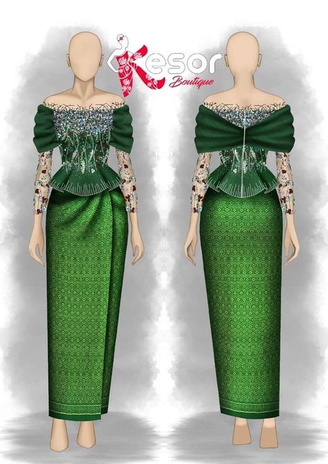 Emerald Green Filipiniana, Green Filipiniana, Khmer Traditional Clothes, Modern Filipiniana Dress, Bridesmaid Dresses Long Lace, African Attire Dresses, Traditional Blouse Designs, Traditional Dresses Designs, Girls Dress Sewing Patterns