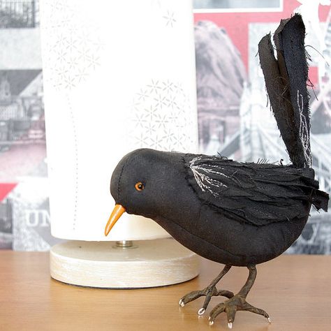 Fabric bird sculpture, soft sculpture fabric bird, stuffed fabric bird, black silk blackbird Sculpture Fabric, Fabric Bird, Bird Sculptures, Embroidered Bird, Bird Sculpture, Fabric Birds, Blackbird, Soft Toys, Soft Sculpture