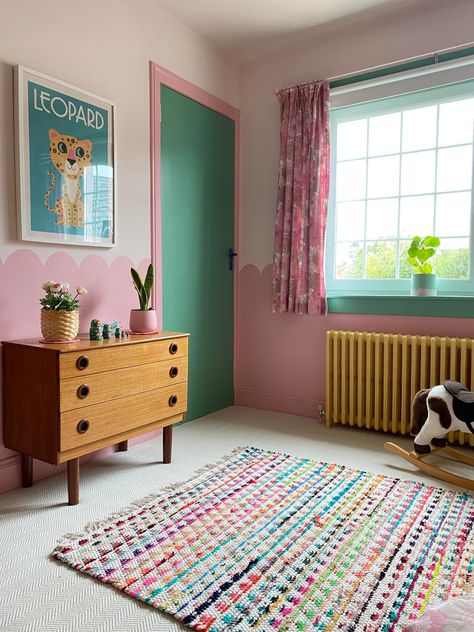 Toddler Girls Room Colorful, Colourful Childrens Bedroom, Colorful Radiator, Pink And Green Kids Room, Accent Wall Kids Bedroom, Rainbow Room Ideas, Bright Girls Room, Kids Bedroom Color Ideas, Girls Room Paint Ideas