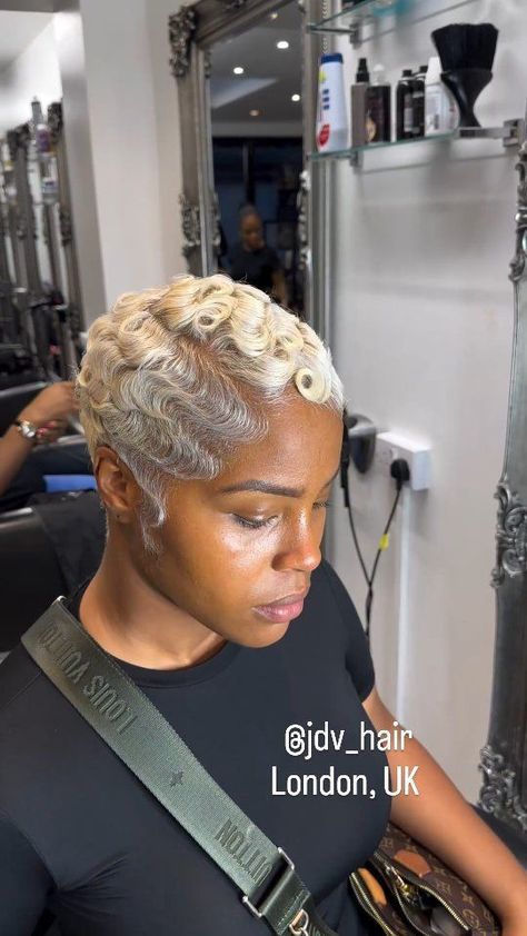 Silver Short Hair Black Women, Finger Waves Blonde Hair, Platinum Fingerwaves, Pixie With Hat, Blond Finger Waves For Black Women, Platinum Blonde Finger Waves Black Women, Micro Pixie Haircut, Platinum Blonde Pixie Black Women, Short Blonde Fingerwaves Black Women