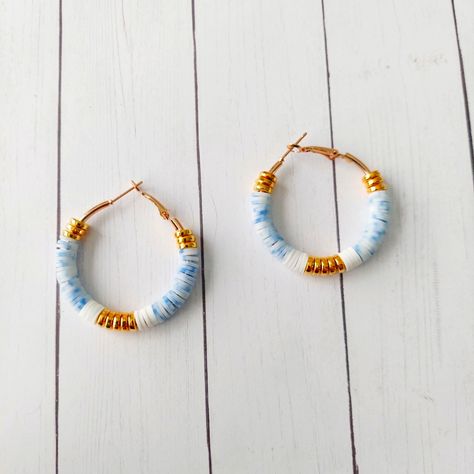 Hand Crafted Gold Hoop Heishi Clay Bead Earrings Hoop Size 1.57in/4cm Color Mix Of Goold, White And Blue Speckled Polymer Bead Earrings, Clay Bead Charms, Clay Beads Earring Ideas, Earrings Clay Polymer, Clay Bead Earrings Ideas, Clay Beads Earrings, Heishi Bead Earrings, Clay Bead Earrings, Heishi Earrings