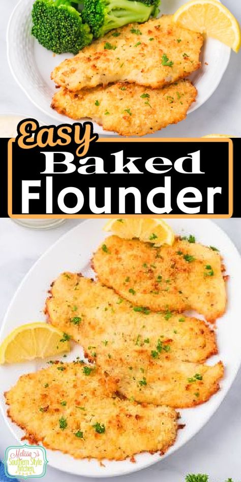 This crispy Baked Flounder recipe is made on a sheet pan in the oven for quick dinner preparation and easy cleanup too. #flounderrecipes #easybakedflounder #seafoodrecipes #southernstylerecipes #easydinnerideas #30minutemeals #tartersauce #fishrecipes via @melissasssk Easy Fish Recipes Baked, Baked Breaded Flounder, Easy Baked Flounder Recipes, Oven Fried Flounder Recipes, Oven Fried Flounder, Oven Baked Breaded Fish, Quick And Easy Flounder Recipes, Sheet Pan Dinners With Fish, Best Way To Cook Flounder