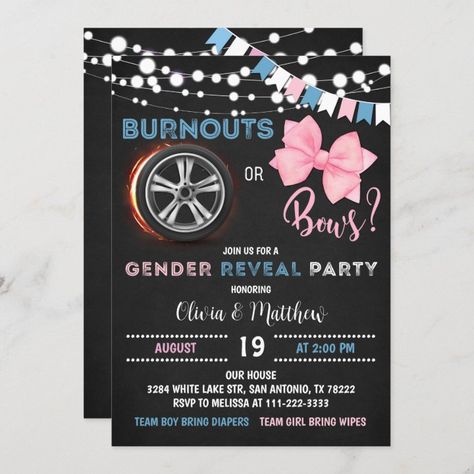 Burnouts Or Bows Gender Reveal, Baby Reveal Photos, Gender Reveal Nails, Bows Gender Reveal, Gender Reveal Invitations Template, Gender Reveal Baby Shower Themes, Bow Gender Reveal, Gender Reveal Party Theme, Gender Reveal Themes