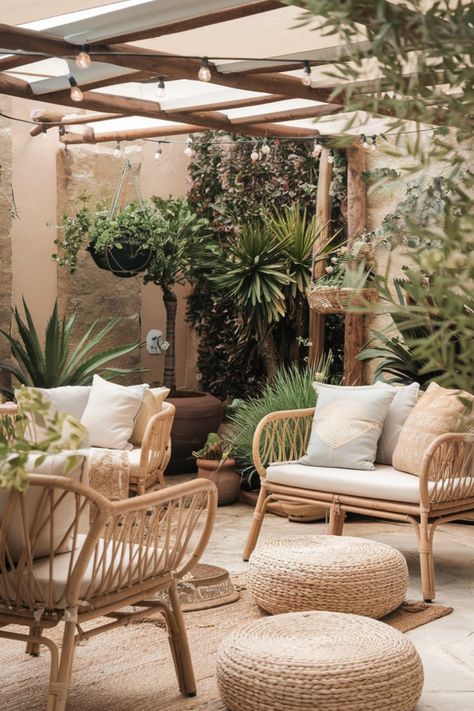 Turn your patio into a boho paradise! Incorporate hanging planters, natural fiber rugs, and string lights for a dreamy, bohemian-inspired outdoor retreat. #BohoChicDecor #OutdoorLiving #CozySpaces #BohoVibes #OutdoorRetreat #HomeDecorIdeas #BohemianStyle #RattanFurniture #NaturalAccents #GardenInspo Boho Outdoor Lighting, Boho Home Exterior, Boho Patio, Natural Fiber Rugs, Outdoor Retreat, Boho Chic Decor, Rattan Furniture, How To Design, Porch Patio