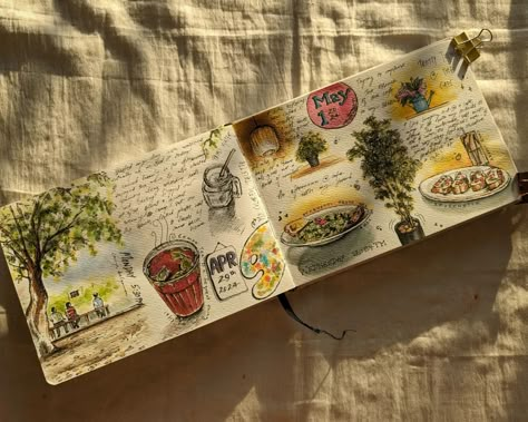 Sketchbook spread 🔆🌱✨ Journal @zen_sangam #art #artjournaling #journaling #journalingmydays #sketchjournal #sketchjournaling #watercolour #watercolourpainting #brustro #zensangam #sunset #foodillustration #foodillustrator #artsandhya Watercolor Sketchbook Spread, Art Spread, Sketchbook Spreads, Aesthetic Art Journal, Art Journal Inspo, Sketchbook Spread, Sketch Book Ideas, Sketch Journal, Some Sketches