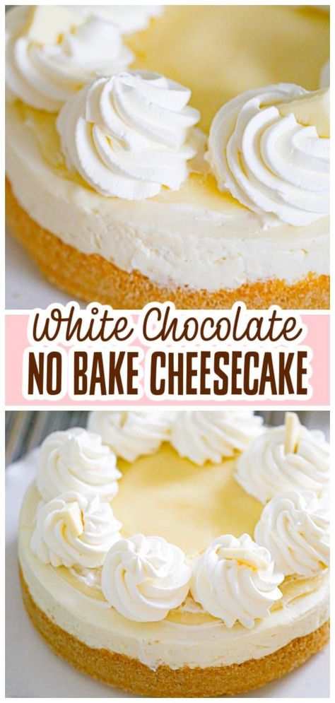 Indulge your taste buds with this easy No Bake White Chocolate Cheesecake recipe. This creamy cheesecake is enhanced with the sweet flavor of white chocolate and topped with a rich white chocolate ganache, making it the perfect dessert that’s sure to be a hit with your guests! Mini White Chocolate Cheesecake, No Bake White Chocolate Cheesecake, Chocolate Ganache Cheesecake, White Chocolate Cheesecake Recipes, Baked White Chocolate Cheesecake, White Chocolate Desserts, Chocolate Cheesecake Recipe, Cheesecake Bites Recipe, Bakery Goods