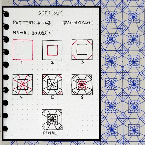 Step-out for Pattern # 143 Pattern name : Bouqox Steps to untangle tangle Create this pattern and tag me #varniyehkarni… | Instagram Tangle Art Step By Step, Tangle Patterns Step By Step, Dot Doodles, 2025 Diary, Easy Zentangle, Drawing Patterns, Graph Paper Designs, Zen Tangles, Zen Doodle Patterns