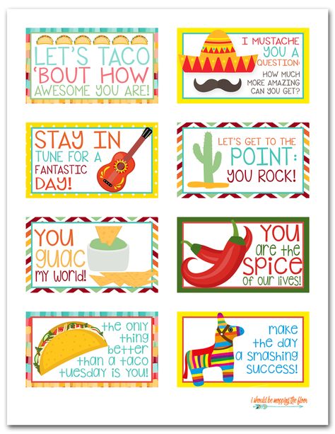 Kids' Lunch Box Idea and Free Printable Taco-Themed Lunch Box Notes Nurses Week Quotes, Teacher Appreciation Themes, Teacher Morale, Back To School Ideas, Lunch Box Idea, Staff Appreciation Week, Idea Box, Taco Party, Volunteer Appreciation