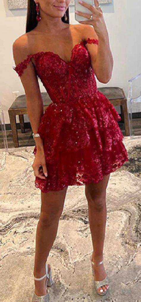 Elegant Off Shoulder A-line Tulle Applique Red Short Homecoming Dresse – RomanBridal Hoco Dress Inspo, Senior Hoco, Hoco Inspo, Dresses Hoco, Glittery Dress, Sheer Corset, Sequin Pattern, Cute Homecoming Dresses, Red Homecoming Dresses