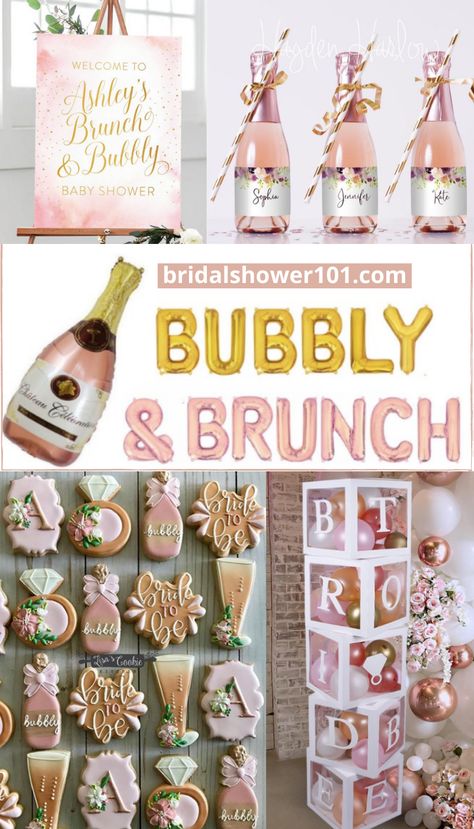 Bubbles Bridal Shower Theme, Brunch Bridal Shower Favors Gifts, Bubbly Themed Bridal Shower Ideas, Bridal Shower Brunch And Bubbly Theme, Pop The Bubbly Bridal Shower Theme, Bridal Shower And Bachelorette Together, Champagne Wedding Shower Ideas, Bridal Brunch Centerpieces, Bubbly And Brunch Bridal Shower Ideas