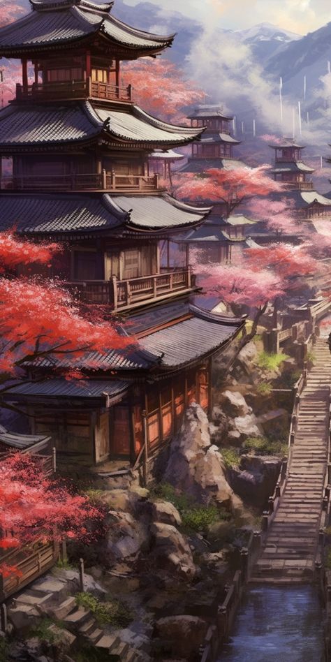 Japanese Ninja Art, Japanese Fantasy Art, Fantasy Art Landscape, Chinese Countryside, Gokayama, Japan Village, Medieval Japanese, Medieval Japan, Japanese Background