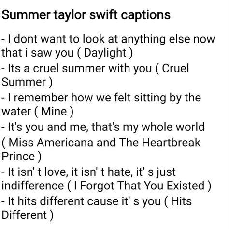 1989 Captions Taylor Swift, Taylor Swift Beach Captions, Taylor Swift Summer Captions, Eras Tour Captions, Taylor Swift Bio Ideas, Swift Captions, Taylor Swift Bio, Taylor Swift Captions, Summer Taylor Swift