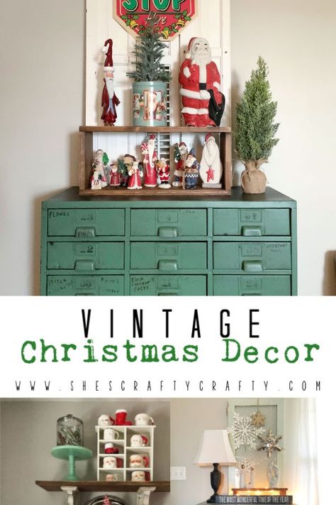 Vintage Christmas Display Ideas, Vintage Christmas Vignettes, Christmas Vignettes Display, Vintage Christmas Decorations Diy, Design Vignettes, Christmas Shop Displays, Glass Jars Diy, Decor Vignettes, Farmhouse Table Centerpieces