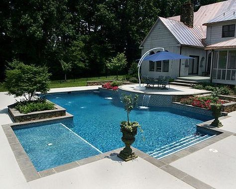 Rectangle wader/tanning ledge | This pool features a Elite p… | Flickr Pool With Tanning Ledge, Stone Pool Deck, Rectangle Pool, Living Pool, Tanning Ledges, Stone Pool, Pool Garden, Fiberglass Pools, Backyard Pool Landscaping