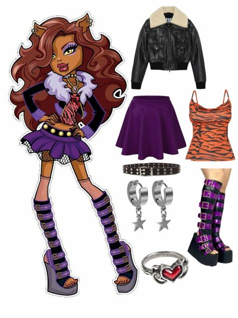 Clawdeen Halloween Outfit, Black Halloween Characters, Monster High Halloween Costumes Clawdeen, Clawdeen Costume Ideas, Claudia Monster High Costume, Clawdeen Outfit Ideas, Claudine Monster High Costume, Time Travel Costume Ideas, Clawdeen Monster High Costume