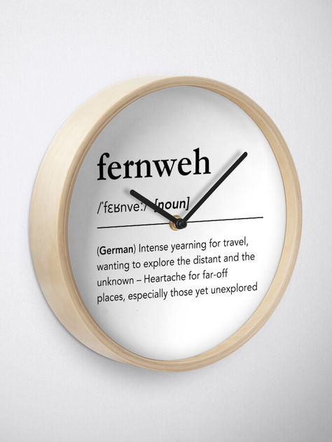 Gift idea for the curious and restless. Fernweh definition kitchen decor. Fernweh meaning kitchen clock. Fernweh Dictionary wall art. Fernweh Sprüche, Travel quotes decor, world map, wanderlust, adventure home decor, German words, Fernweh pronunciation, globetrotter inspo, backpacker, travel decor, traveler, traveling, fernweh quotes, word nerd, cool #fernweh #travel #lagunaklein, fernweh aesthetics, fernweh quotes inspirational, travel inspiration quotes decor, travel motivational quotes Fernweh Meaning, Travel Inspiration Quotes, Kitchen Wall Clock, Gift For Traveler, Beautiful Word, Foreign Words, Kitchen Clock, Quote Decor, Dictionary Definitions