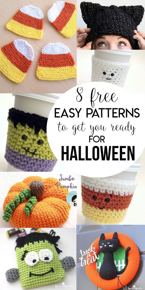 8 Free Easy Patterns To Get You Ready For Halloween! - Just Be Crafty Amigurumi Cat Free Pattern, Crocheted Halloween, Crochet Halloween Decorations, Coffee Cozy Pattern, Crochet Coffee Cozy, Fall Crochet Patterns, Easy Patterns, Crochet Cowl Pattern, Crochet Twist