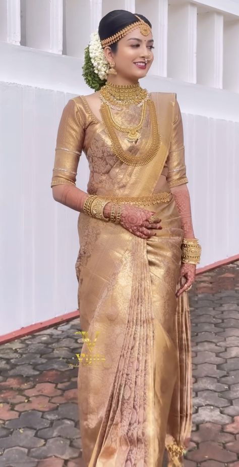 Golden Bridal Saree, Golden Saree Blouse Designs, Cotton Dress Pattern, Golden Saree, Bride Photos Poses, Saree Blouse Styles, Marriage Dress, Fashionable Saree Blouse Designs, Indian Bridal Fashion