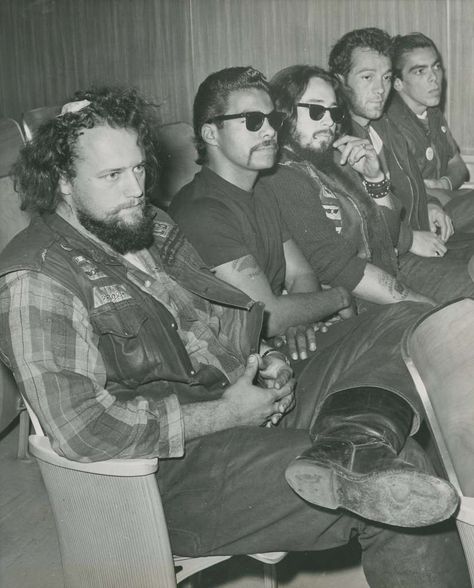 November 9, 1965: Five members of the Hells Angels Motorcycle club appeared in court in Berkeley, CA, in connection with a recent anti-U.S. in Vietnam demonstration. Per the back of the photo: "Only Michael Sonny Barger, Hells Angles, Panhead Chopper, Motorcycle Gang, Biker Clubs, American Motorcycles, Biker Gang, Motorcycle Pictures, Biker Art