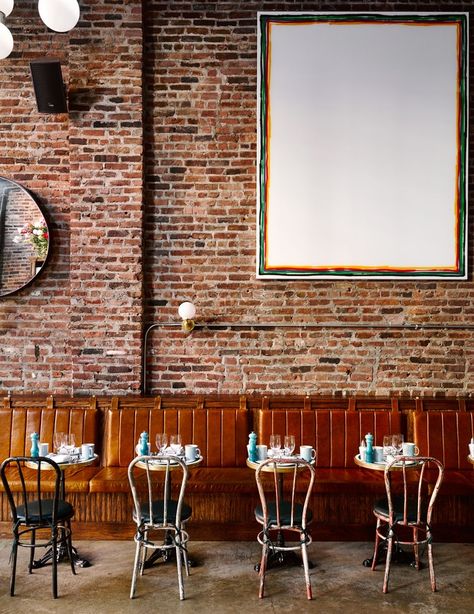 Leather Banquette Seating, High End Restaurant, Ken Fulk, Leather Banquette, Transitional Fireplace, New York Restaurant, Transitional Flooring, Banquet Seating, Transitional Dining Room