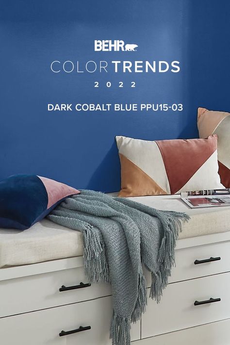 Dark Cobalt Blue brings bold and luxurious appeal to any space. Click to explore color. Behr Color Trends, Cobalt Blue Paint, Color Tile Backsplash, Flamingo Feather, Brook Green, Behr Colors, Color Of The Month, Accent Wall Paint, Behr Paint