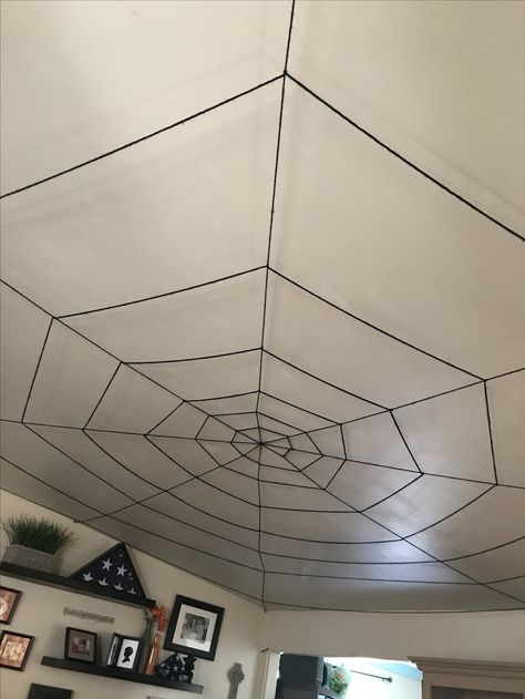 Spiderweb Room Decor, Cobweb Decorations Halloween, Ceiling Drawing Ideas, Spider Web Room Decor, Spider Web Ceiling Decoration, Halloween Party Ceiling Decor, Goth Ceiling Decor, Spider Room Decor, Ceiling Halloween Decorations