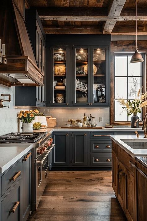 Steel Blue Kitchen, Vintage Cabin Kitchen, Grey Cabinets Kitchen, Vintage Kitchen Aesthetic, Classic Kitchen Ideas, Vintage Blue Kitchen, Rustic Cottage Kitchens, Victorian Style Kitchen, Dream Farmhouse Kitchen