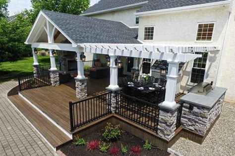 Custom TimberTech Deck/Porch/Pergola, | 820 Sq Ft | Keystone Custom Decks Terrasse Med Tak, Porch Pergola, Patio Deck Designs, Deck Porch, Pergola Attached To House, Pergola Design, Wooden Pergola, Backyard Pergola, Custom Decks