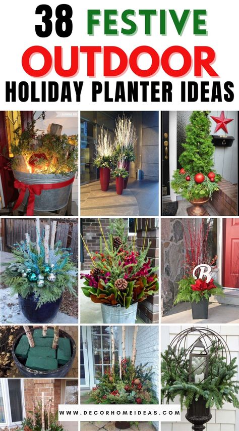 Best Outdoor Holiday Planter Ideas. How to decorate outdoors for Christmas with planters. Best porch planters and pot ideas with evergreen branches, berries & pine cones! #decorhomeideas Christmas Flower Pots Outdoor, Outdoor Holiday Planters, Porch Planter Ideas, Christmas Urns, Outdoor Christmas Planters, Holiday Planter, Winter Planter, Porch Planters, Fun Characters