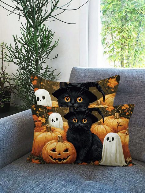 Halloween-Themed Print Pillowcase, Cute Cat Square Pillowcase, Halloween Outdoor Party Seat Cushion Cover, Rectangular Holiday Autumn/Winter Back Cushion Cover, Pumpkin & Ghost Element Holiday Decor, Trendy Living Room/Bedroom Bedding Decor Multicolor    Woven Fabric Plants   All Seasons Decorative Pillows, Inserts, & Covers, size features are:Bust: ,Length: ,Sleeve Length: Halloween Cushions, Halloween Outdoor Party, Cozy Halloween Bedroom, Halloween Bedroom Ideas, 200 Aesthetic, Halloween Bedroom Decor, Fabric Plants, Party Seating, Cozy Halloween