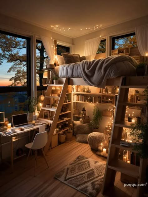 dorm-room-ideas- Small Loft Room Ideas, Loft Bed Ideas For Small Rooms Space Saving, Bunkbed Bedroom Ideas, Luxury Dorm Room, A Loft Bed, Dream Dorm, Dream Bedroom Inspiration, Room Vibes, Dekorasi Kamar Tidur